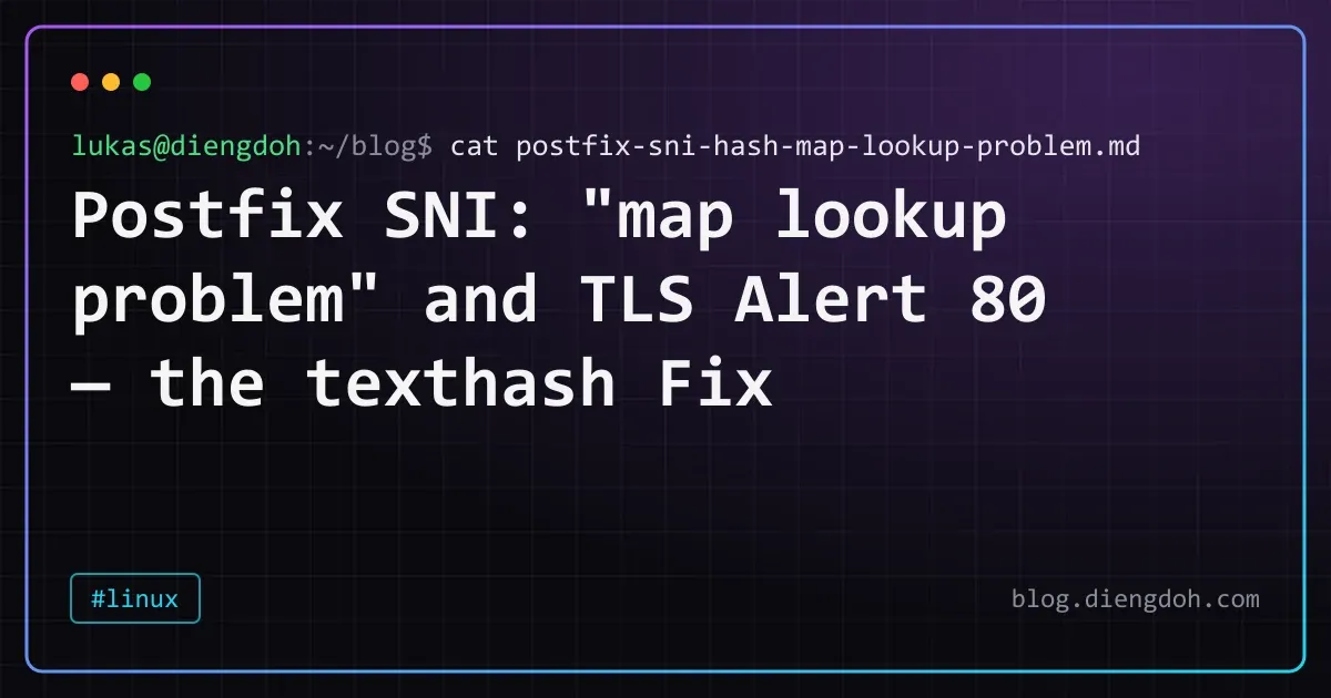 Postfix SNI: "map lookup problem" and TLS Alert 80 — the texthash Fix